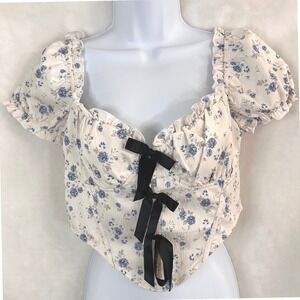 NWOT Cider Floral Corset Crop Top Blue Rose Puff Sleeve Ruffle Sweetheart Medium
